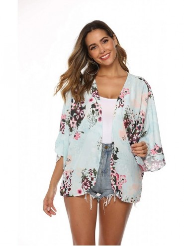 Cover-Ups 3/4 Sleeve Floral Beach Cover Ups Kimono Cardigans for Women - A-mint Green - CE18CKZUWG3 $15.87