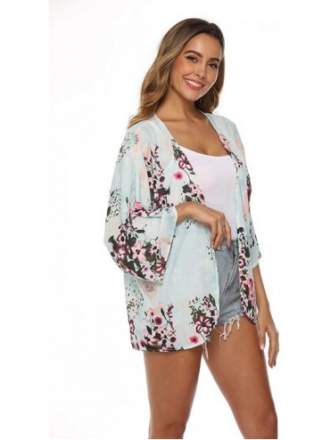 Cover-Ups 3/4 Sleeve Floral Beach Cover Ups Kimono Cardigans for Women - A-mint Green - CE18CKZUWG3 $15.87