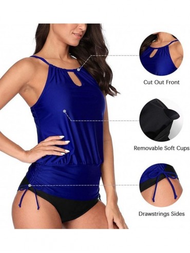 Tankinis Geometric Tankini Swimsuits for Women V Neck Strappy Back 2 Piece Swimsuits - Blue High Neck - CG195AIMES3 $32.14