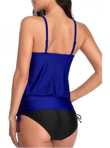 Tankinis Geometric Tankini Swimsuits for Women V Neck Strappy Back 2 Piece Swimsuits - Blue High Neck - CG195AIMES3 $32.14