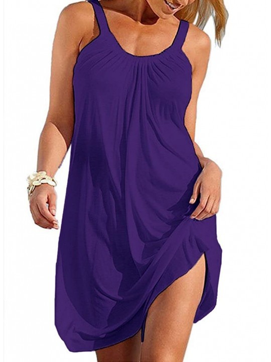 Cover-Ups Women Loose Dresses for Summer Mini Cotton Spaghetti Strap Dress Casual Sundress Bathing Suit - Purple - C618W3DXZN...