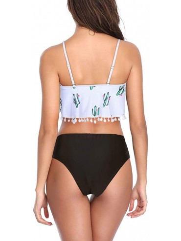 Tankinis High Waisted Bikini Swimsuits for Women Retro Ruffled Flounce Swimwear Two Piece Tankini Bathing Suits - Cactus - CC...