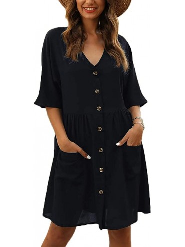 Cover-Ups Women's Casual V-Neck Button Down Half Sleeve Loose Short Shift Tunic Dress with Pockets - Navy Blue - C2194XHR2ST ...