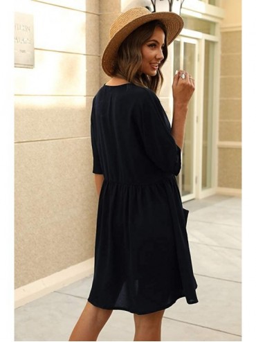Cover-Ups Women's Casual V-Neck Button Down Half Sleeve Loose Short Shift Tunic Dress with Pockets - Navy Blue - C2194XHR2ST ...