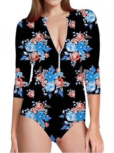One-Pieces Summer One Piece Swimsuit 3/4 Sleeve Sun Protection Rash Guard for Women - Floral-2 - CQ18R59LYNH $55.85