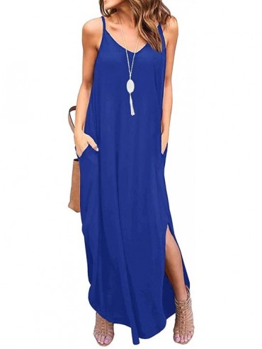 Cover-Ups Sleeveless Strappy Cami Maxi Long Dress V Neck with Pockets Casual Beach Skirt Cover Up Slits - Blue - CC18QS7LA48 ...