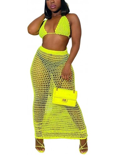Cover-Ups Women Crochet 2 Piece Dress Outfits Knitted Hollow Out Halter Bikini Bra Crop Top Maxi Skirt Set Cover Up - Green -...