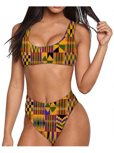 Sets Womens Two Pieces Bikini Sets High Waisted High Cut Cheeky Bottom Scoop Neck Low Cut Print Swimsuit African Style - CU19...