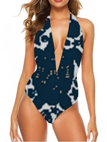 Sets Navy Blue and White Fleur De Lis Pattern Swimwear Vintage Bikini High Waisted XXL - Color 24 - CQ190O4OY67 $69.99