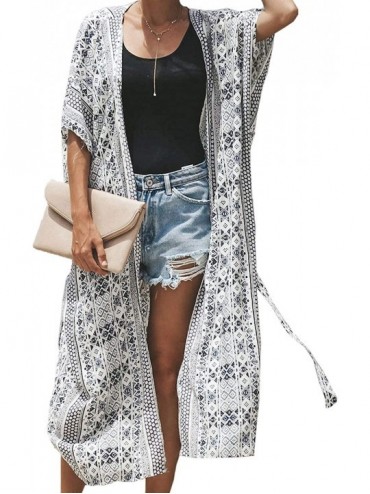 Cover-Ups Women's Printed Fashion Kimono Tassel Casual Beach Loose Cover Up - F-white - C31930LU6Q7 $38.62