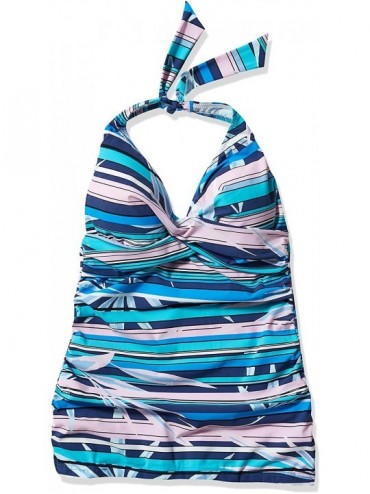 Tops Women's Twist Front Halter V-Neck Tankini Top Swimsuit - Palm Beach Multi Blue - CC18NWZG9YZ $42.49