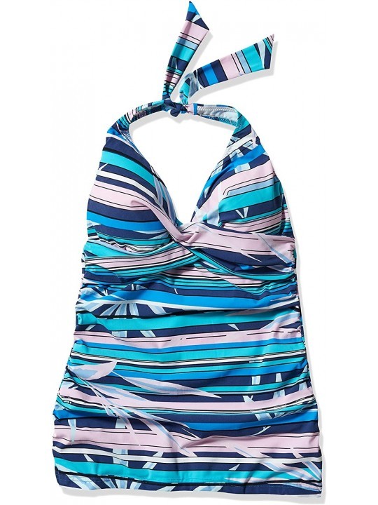 Tops Women's Twist Front Halter V-Neck Tankini Top Swimsuit - Palm Beach Multi Blue - CC18NWZG9YZ $25.26