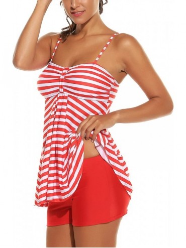 Tankinis Women Retro Sailor Stripe Dot Tankini Set Two Pieces Swimsuit Spaghetti Strap Swim Top and Bottoms - Red - C318NYGWN...