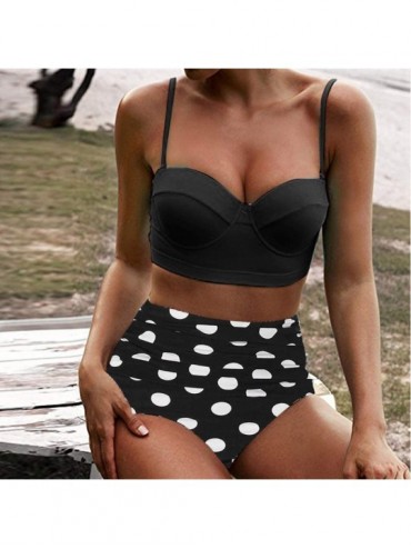 Cover-Ups Women's High Waist Bikini Swimwear Women's Vintage Print Beachwear Bikini Set Swimwear - D5-black - CN196M9UOIS $10.44