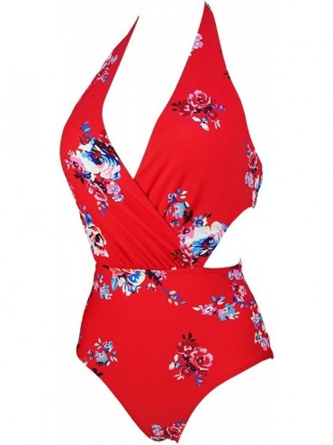 One-Pieces Women's Surplice Neckline One Piece Bather Halter Swimsuit High Waist Cross Swimwear(FBA) - Garden Red - C318CL43N...