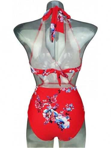One-Pieces Women's Surplice Neckline One Piece Bather Halter Swimsuit High Waist Cross Swimwear(FBA) - Garden Red - C318CL43N...
