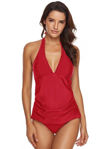 One-Pieces Two Piece Swimsuit Sexy V-Neck Ruffle Halter Backless Flyaway Tankini Suit Tankini Set - Red - C218TGU5MXH $34.56
