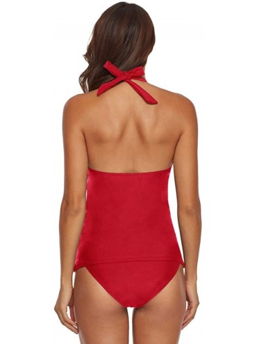 One-Pieces Two Piece Swimsuit Sexy V-Neck Ruffle Halter Backless Flyaway Tankini Suit Tankini Set - Red - C218TGU5MXH $17.95