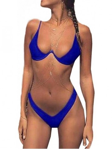 Sets Bikini Set- Solid Halter Beachwear Swimwear Manual Push-Up Swimsuit - Blue - CE18C3T269W $8.84
