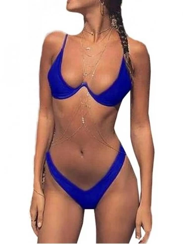 Sets Bikini Set- Solid Halter Beachwear Swimwear Manual Push-Up Swimsuit - Blue - CE18C3T269W $22.40