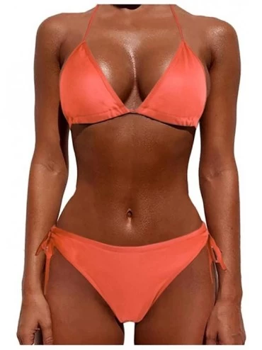 Bottoms Women's Sexy Solid Color Two Piece Padded Push Up with Tie Side Bottom Brazilian Swimsuit Bathing Suits - Orange - C0...