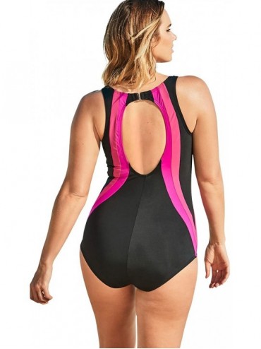 One-Pieces Women's Plus Size Colorblock One-Piece Swimsuit with Shelf Bra - Black Fuchsia (1121) - CY195S068KX $33.03