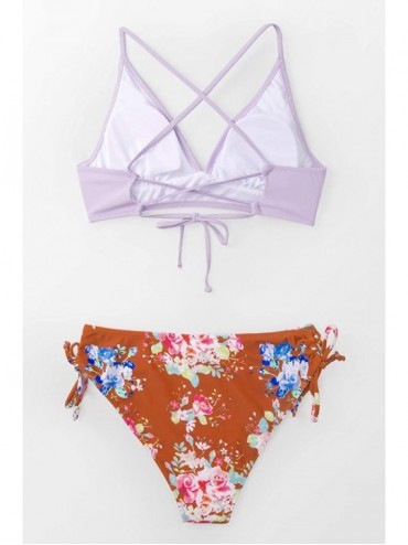Sets Women's Lilac Floral Lace Up Bikini - Multi-color - CI18OT79M3X $23.79