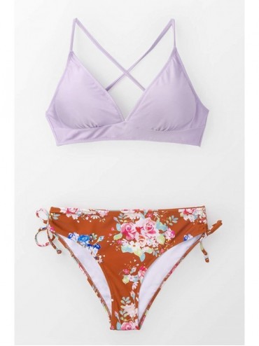 Sets Women's Lilac Floral Lace Up Bikini - Multi-color - CI18OT79M3X $23.79