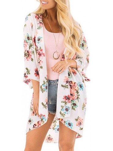 Cover-Ups Floral Print Chiffon Beach Kimono Cardigan Women Blouse Shawl Loose Top Outwear - White - CA18W7IDS5T $17.78