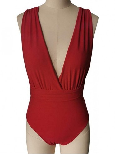 One-Pieces Women Deep V Self Tie Multiway One Piece Swimsuits Sexy Monokini Bathing Suit - Red - CF196QTMAYZ $15.96