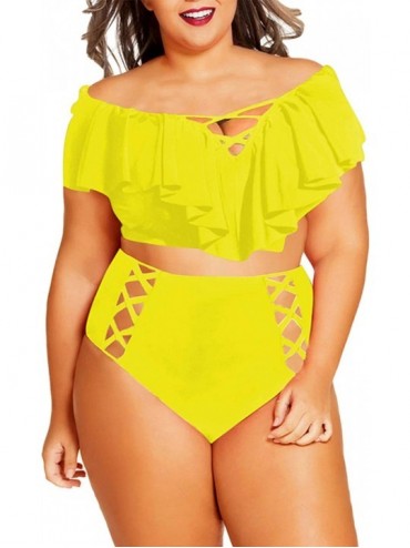 Sets Women's Plus Size Swimwear 2 Piece High Waisted Swimsuit Ruffle Bikini - Yellow - CO18CQYHK57 $48.87