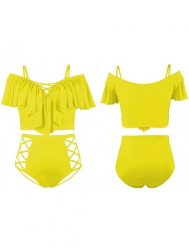 Sets Women's Plus Size Swimwear 2 Piece High Waisted Swimsuit Ruffle Bikini - Yellow - CO18CQYHK57 $24.12