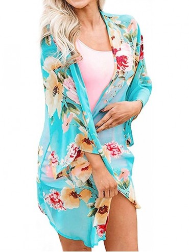 Cover-Ups Womens Floral Chiffon Kimono Cardigans Loose Beach Cover Up Half Sleeve Tops - 5blue Mint - C5192NHWW97 $25.53