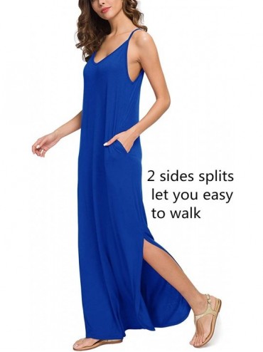 Cover-Ups Sleeveless Strappy Cami Maxi Long Dress V Neck with Pockets Casual Beach Skirt Cover Up Slits - Blue - CC18QS7LA48 ...