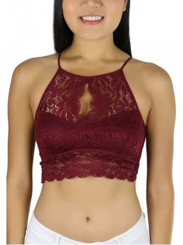 Tops Women's Keyhole High Neck Stretch Lace Bralette with Lined Cups - Dark Burgundy - CB18U3NNCSH $13.10