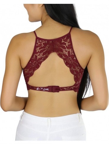 Tops Women's Keyhole High Neck Stretch Lace Bralette with Lined Cups - Dark Burgundy - CB18U3NNCSH $13.10