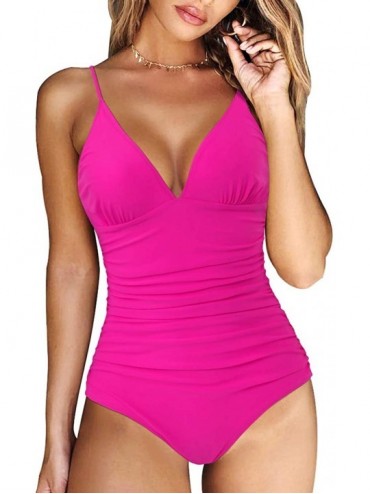One-Pieces Women V Neck One Piece Swimsuits Tummy Control Ruched Swimwear Halter Bathing Suit - Rose Red - CX1962CT03N $55.78
