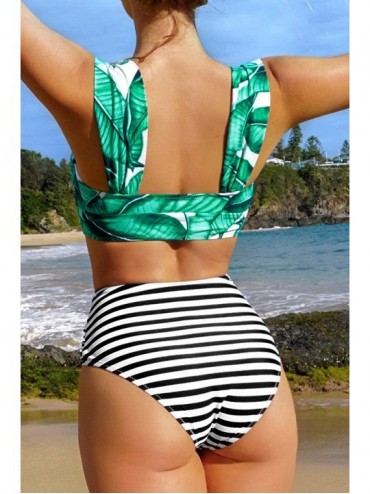 Sets Women's High Waisted Leaf Stripe Shirring Bikini Swimsuit Sets - CI1969UCGEG $34.25