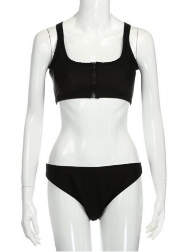 Sets Women's Swimwear Set high Waist Two Piece Swimsuit Zip Front Push Up Top Solid Bikini Bathing Suits - Black - CH180L7C8S...