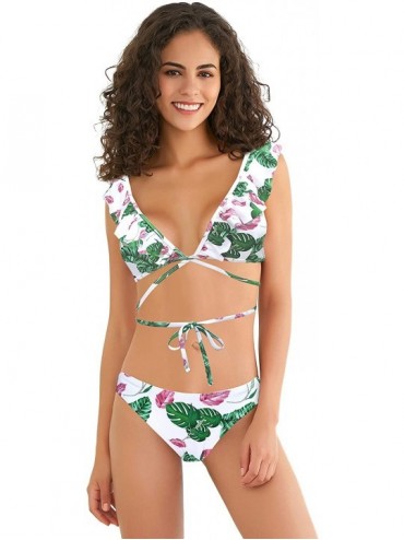 Sets Women's Criss Cross Ruffle String Bikini Tie Side Bottom Bathing Suits - Printing - Green - C618Y3H0ETN $43.32