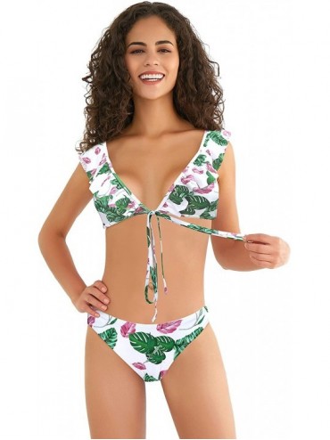 Sets Women's Criss Cross Ruffle String Bikini Tie Side Bottom Bathing Suits - Printing - Green - C618Y3H0ETN $25.52