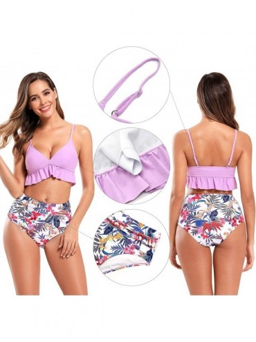 One-Pieces Women's V Neck Ruffle Bikini Ruched Printed High Waist Two Piece Swimsuits - Purple - CC18A62SQSX $24.63