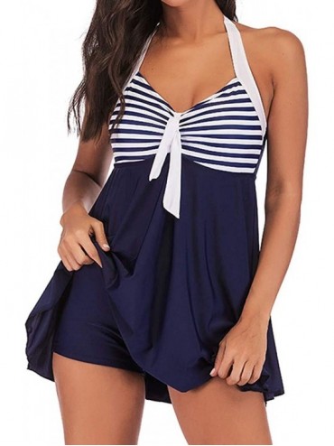 One-Pieces Women Plus Size Swimdress Vintage Sailor Swimsuit Striped Swimwear Slimming Skirt Bathing Suit Dress - Dark Blue -...