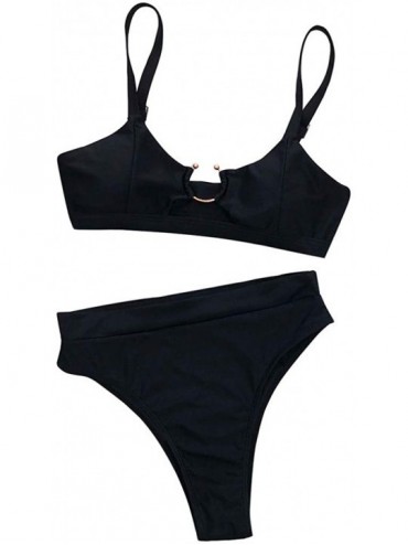 Sets Bikini Swimsuit for Women High Waisted Sexy Ring Push-Up Padded Swimwear Solid Color Beachwear Set - Black - CH199LQI294...