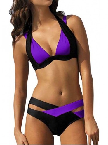 Sets Sexy Criss Cross Printing Halter Bandage Bikini Set Hawaii Bathing Suit Two Piece Swimsuits - Purple - CJ194DNIL09 $28.50