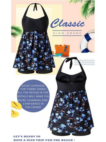Tankinis Plus Size Swimsuits for Women Two Piece Tankini Swimwear Bathing Suit Floral Print - Black & Blue Flower - C618RR0QQ...