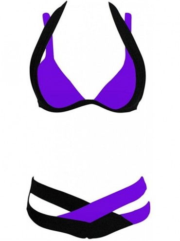 Sets Sexy Criss Cross Printing Halter Bandage Bikini Set Hawaii Bathing Suit Two Piece Swimsuits - Purple - CJ194DNIL09 $17.31