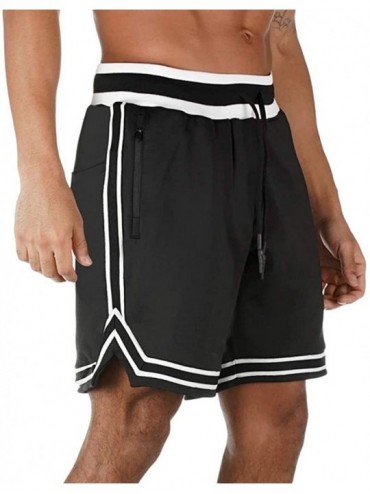 Rash Guards Gym Shorts for Men Fitness Workout Running Elastic Waist Stripe Short Pants with Zip Pockets - Black - CF194IY92R...