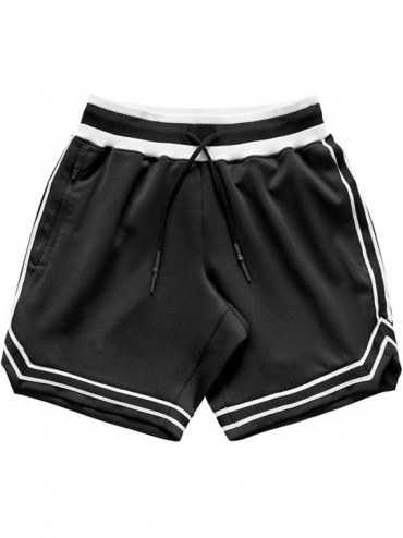 Rash Guards Gym Shorts for Men Fitness Workout Running Elastic Waist Stripe Short Pants with Zip Pockets - Black - CF194IY92R...