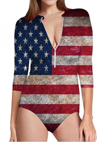 One-Pieces American Flag One Piece Swimsuit Long Sleeve UV Protection Bathing Suit Surfing Rashguard Swimwear for Women - CV1...